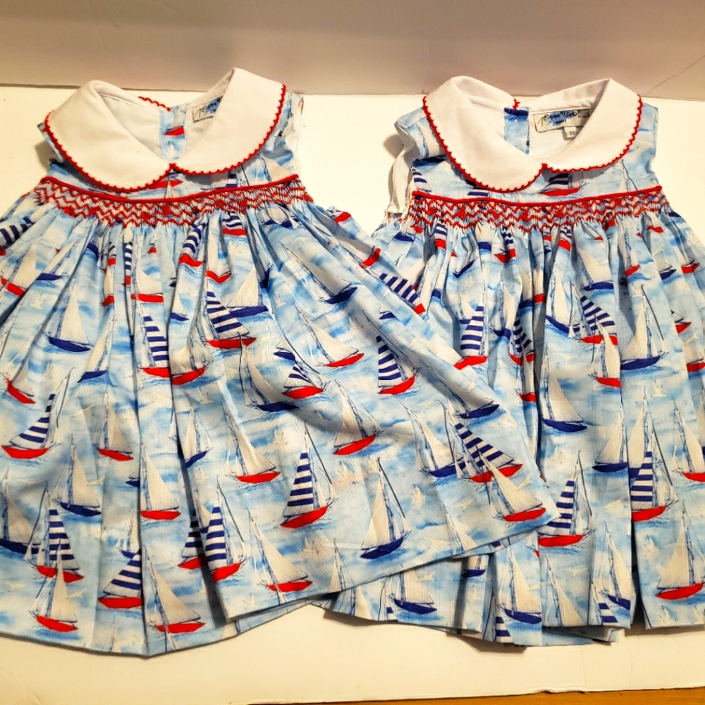 TWO size 2t Emma Blake Smocks Dresses Sailboats Twins